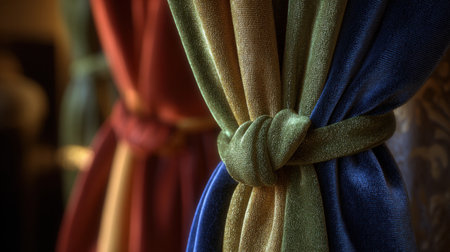 This image captures the intricate details of luxurious tied drapery, showcasing a harmonious blend of rich colors and textures, perfect for inspiring elegant interior design.の素材