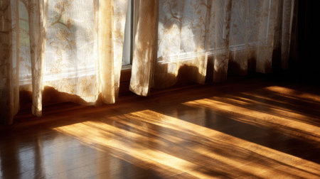 Sunlight filters through sheer curtains, casting delicate shadows and creating a warm, inviting atmosphere on a polished wooden floor in a peaceful room setting.の素材
