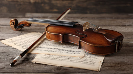 A stunning wooden violin rests on aged sheet music, embodying the elegance of musical artistry and the deep connection between instrument and melody in a charming rustic environment.の素材
