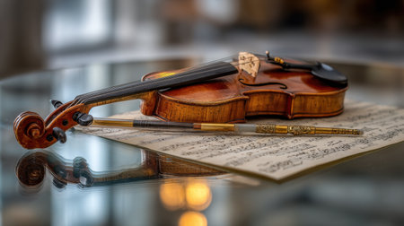 A beautifully crafted violin lies on a reflective surface beside a sheet of music and an ornate pen, encapsulating the essence of music and artistry in a tranquil setting.の素材