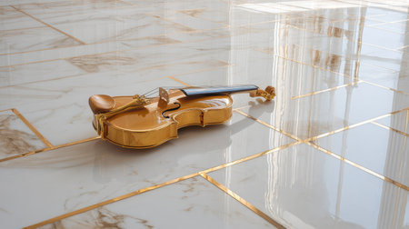 A stunning golden violin lies gracefully on a reflective marble floor, highlighting the beauty of music and art in a sophisticated interior setting, perfect for creative projects.の素材
