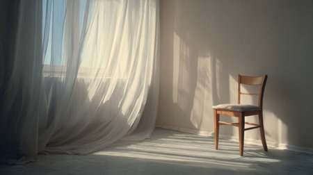 A serene interior scene showcasing soft light filtering through sheer curtains onto a lone wooden chair, evoking tranquility and minimalist beauty. Perfect for calming design themes.の素材