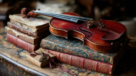 A vintage violin sits elegantly atop a stack of antique books, embodying a harmonious blend of art and history in a serene, inviting environment.の素材