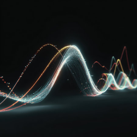 This captivating abstract artwork features colorful light waves flowing gracefully against a dark backdrop, symbolizing energy and innovation in digital art.の素材