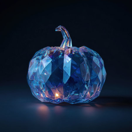 A striking crystal pumpkin illuminated by soft candle light, showcasing intricate facets and vibrant colors against a dark backdrop, perfect for seasonal decor and artistic displays.の素材