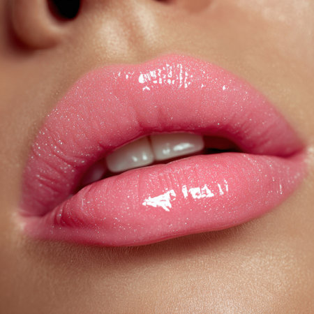 A stunning close-up of glossy pink lips glistening with a touch of sparkle, perfect for showcasing beauty and cosmetic products in fashion photography.の素材