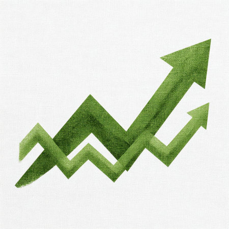 Minimalist graphic design featuring a green arrow pointing upward with zigzag patterns, symbolizing financial growth and positive trends in business.の素材