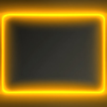 A bright yellow neon frame emits a glowing light against a dark background, creating an eye-catching visual element suitable for various design projects and digital displays.の素材