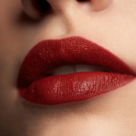 Stunning close-up image of lips adorned in bold red lipstick, emphasizing a smooth texture and captivating beauty, perfect for cosmetic and fashion-related projects.の素材