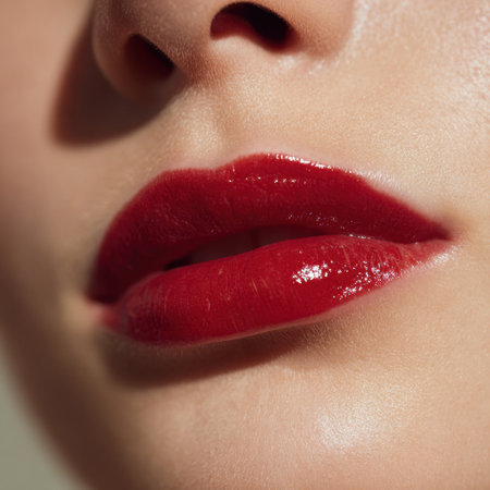 A stunning close-up of luscious lips adorned with bold red lipstick, emphasizing beauty, elegance, and glamour in a captivating and artistic manner, perfect for beauty and fashion themes.の素材