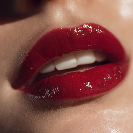 Stunning close-up of glossy red lips and white teeth, capturing the essence of beauty and elegance. Perfect for beauty and cosmetic marketing themes.の素材
