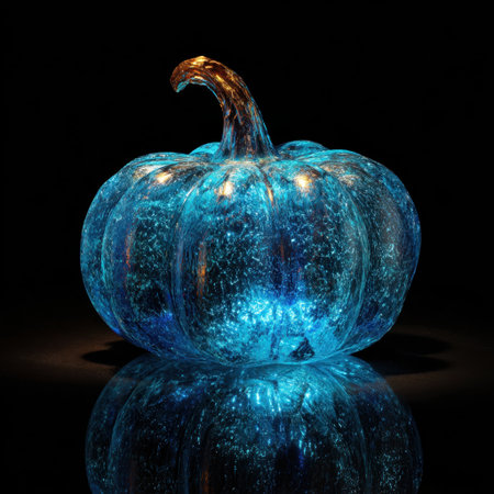 A stunning blue glass pumpkin radiates a mystical glow against a dark background, making it an ideal centerpiece for autumn celebrations and artistic endeavors.の素材