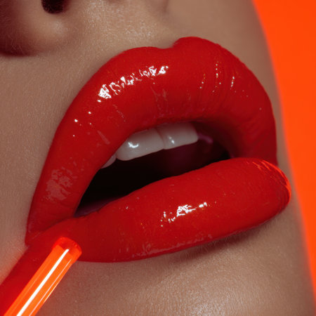 This close-up photo highlights glossy red lips with a striking shine, capturing the essence of beauty and glamour in a captivating makeup context.の素材