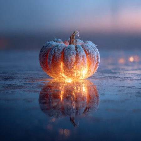 A stunning pumpkin glows brightly in a frosty landscape at dawn, surrounded by mist and reflections. This image beautifully captures the essence of autumn and Halloween.の素材