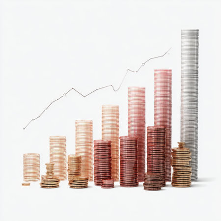 A visually striking arrangement of coins depicts financial growth and investment success, complemented by a line graph illustrating upward trends in the economy.の素材