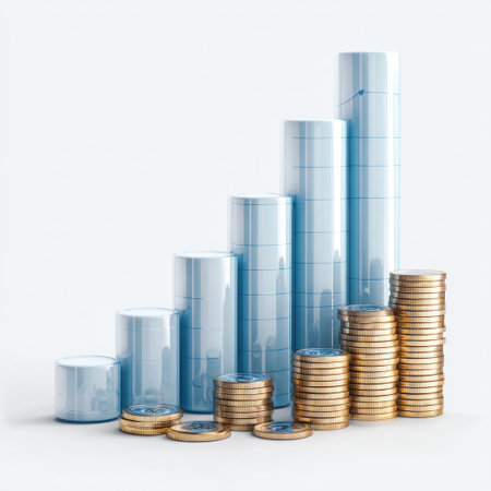 Visual representation of financial growth with glass bar graphs and coins, emphasizing the concepts of investment and monetary success in various economic sectors.の素材