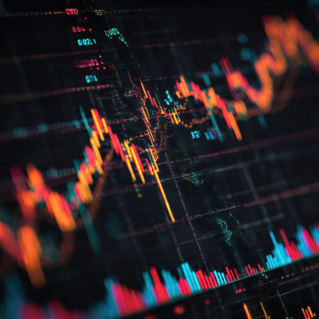 Vibrant representation of stock market dynamics featuring candlestick charts and various data visualizations to illustrate financial trends and performance insights effectively.の素材