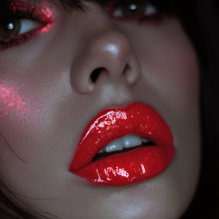 A striking close-up image showcasing the beauty of glossy red lips against highlighted skin, emphasizing vibrant colors and stylish aesthetics, perfect for beauty and fashion themes.の素材
