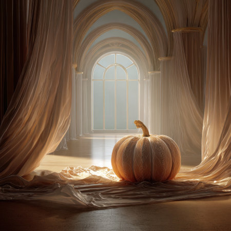 A serene scene featuring a pumpkin placed on soft drapes, illuminated by gentle light through an arched window, ideal for autumn-themed decor or seasonal celebrations.の素材