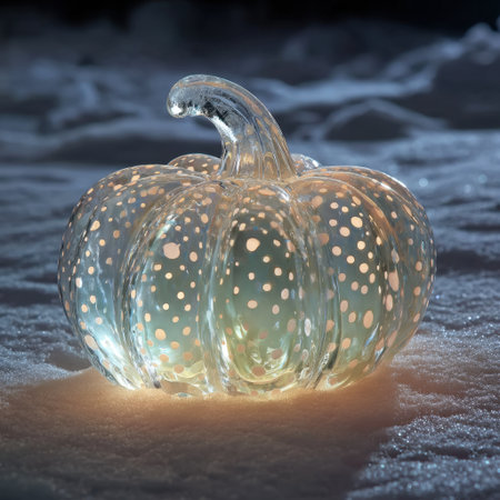 A beautiful, glowing glass pumpkin rests on a snowy surface, creating a whimsical winter scene with twinkling lights and an enchanting atmosphere perfect for seasonal celebrations.の素材