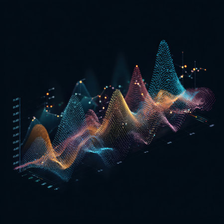 Vibrant abstract wave patterns depict data visualization in a stunning digital format, ideal for illustrating complex analytics and insights in business presentations.の素材