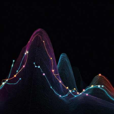 Vibrant abstract visualization with colorful waves and glowing points, showcasing technology and data trends for creative projects and digital applications.の素材