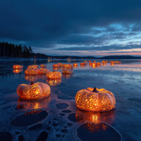 A serene and enchanting scene showcasing illuminated pumpkins floating on a frozen lake at dusk, creating a magical atmosphere against the vibrant sky.の素材