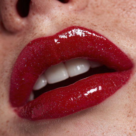 Close-up shot of glossy red lips showcasing a shiny finish, ideal for beauty and makeup themes, highlighting textures and vibrant color in cosmetics photography.の素材