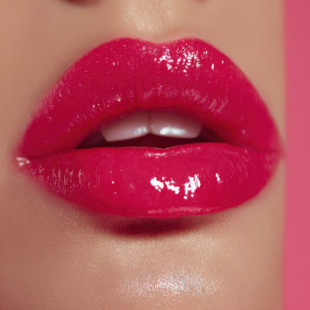 This captivating close-up features glossy pink lips radiating a vibrant shine against a soft pink background, ideal for beauty and cosmetic projects.の素材