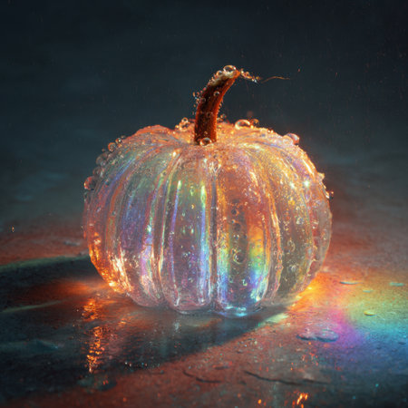 This enchanting image features a magical pumpkin adorned with glistening water droplets reflecting a spectrum of colors, creating a whimsical atmosphere perfect for seasonal celebrations.の素材