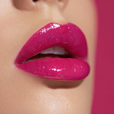 This close-up image captures glossy pink lips, showcasing their vibrant color and smooth texture, ideal for beauty promotions and cosmetic marketing materials.の素材