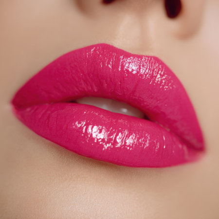 This close-up image features glossy pink lips that enhance the beauty of smooth skin texture, perfect for fashion and beauty-related projects and promotional materials.の素材