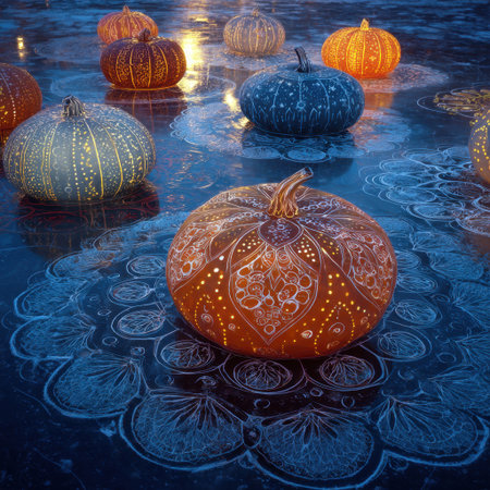 A captivating scene of intricately designed pumpkins glowing softly on a frozen surface, creating a festive atmosphere ideal for autumn celebrations and artistic expression.の素材