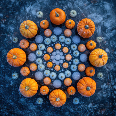 This captivating arrangement features vibrant orange pumpkins and delicate white gourds arranged in a spiral on a frosty surface, perfect for autumn or harvest-themed projects.の素材