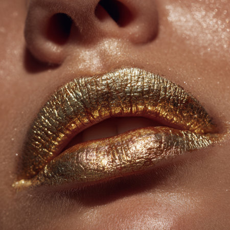 Stunning close-up of glamorous gold lip makeup showcasing texture and shine, perfect for beauty and fashion photography, emphasizing modern aesthetic trends.の素材