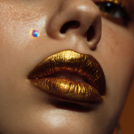 Close-up image showcasing glamorous gold lips adorned with shimmering glitter, highlighting artistic makeup design, perfect for fashion and beauty themes.の素材