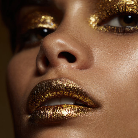This close-up captures a stunning face showcasing golden makeup, evoking glamour and elegance, perfect for beauty and fashion themes in photography.の素材