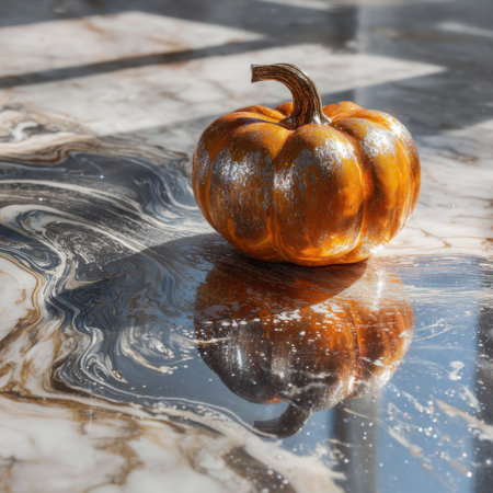 This image features a bright orange pumpkin resting on a shiny, marble-like surface, beautifully reflecting its surroundings. It exemplifies the warmth and joy of autumn.の素材