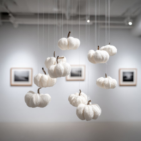 This image features a creative arrangement of white pumpkins suspended in mid-air, beautifully contrasting against an artistic backdrop, perfect for seasonal decor inspiration.の素材