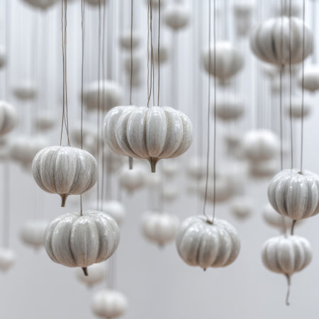 This stunning image captures an elegant arrangement of hanging white pumpkins, showcasing minimalistic design elements perfect for autumn decor and seasonal celebrations.の素材