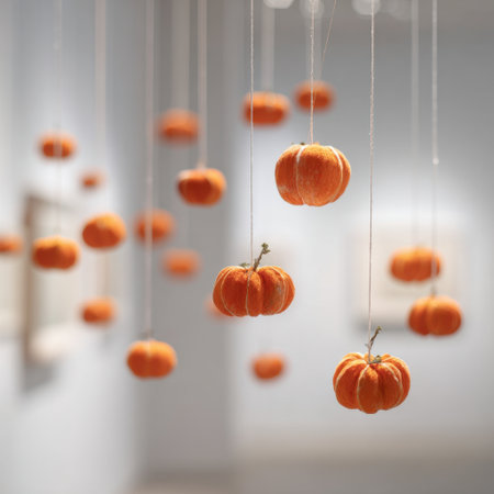 A creative display of miniature pumpkins hanging from strings in a bright gallery, perfect for seasonal themes and art exhibitions, radiating warmth and charm.の素材