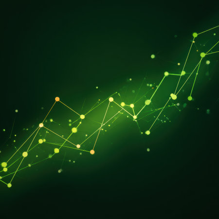 Explore this captivating abstract digital background featuring green and yellow gradient lines and dots, perfect for technology or data visualization projects.の素材