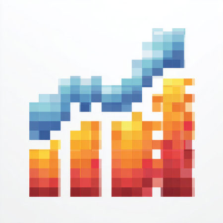 Abstract illustration featuring a pixelated graph that depicts growth trends using vibrant colors, perfect for representing business analytics and performance metrics visuals.の素材