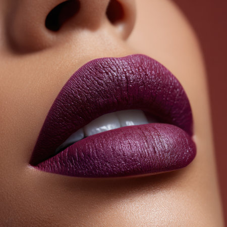 This image captures a stunning close-up of a woman's lips adorned with bold purple lipstick, emphasizing beauty and makeup artistry for a fashionable look.の素材