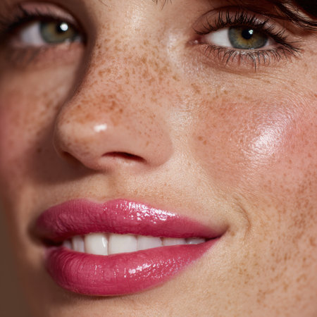 A stunning close-up shot of a young woman's face, showcasing her freckles and glossy pink lips, radiating natural beauty and confidence in soft, flattering light.の素材