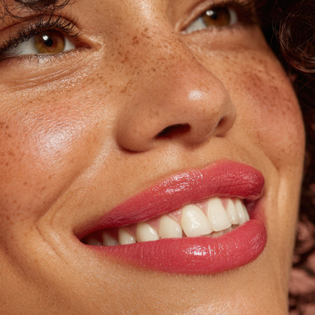 A radiant close-up of a smiling woman showcasing her freckles and glossy lips, embodying natural beauty and joy in a warm lighting atmosphere.の素材