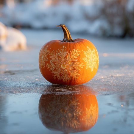 A beautifully adorned pumpkin featuring snowflake patterns reflects gracefully on an icy surface, embodying the essence of winter and seasonal artistry in a captivating outdoor scene.の素材