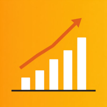 An illustration of growth in business and finance featuring upward graphs and charts on a vibrant orange background, symbolizing success and data-driven strategy.の素材