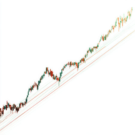 This captivating stock market chart captures the essence of financial growth with vibrant candlestick patterns and clear ascending lines, symbolizing successful trading strategies.の素材