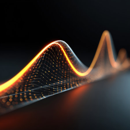 Stunning abstract digital wave graphic featuring glowing lights and intricate connections, symbolizing advanced technology and modern communication in a captivating design.の素材
